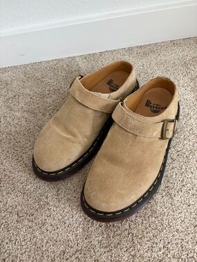 Dr. Martens jorge Womens Suede Buckle Clog in Beige